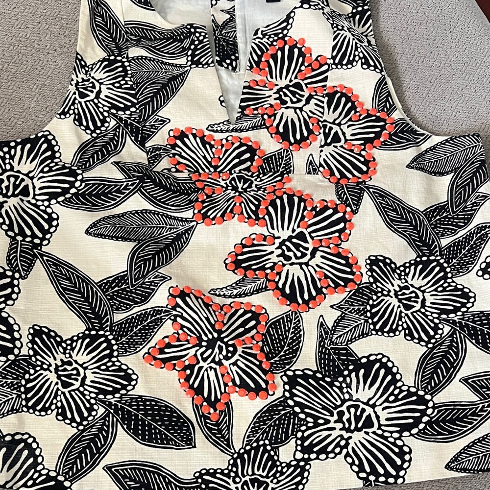 J. Crew Black and White Floral Top with Red Accents